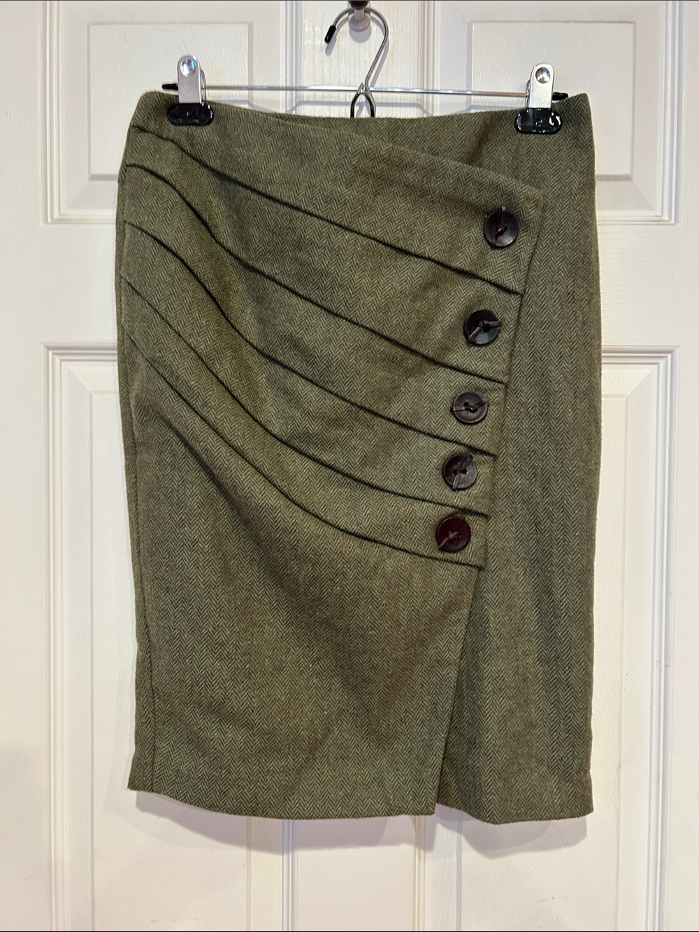 Anthropologie Eva Franco Olive Green Button-Detail Pencil Skirt